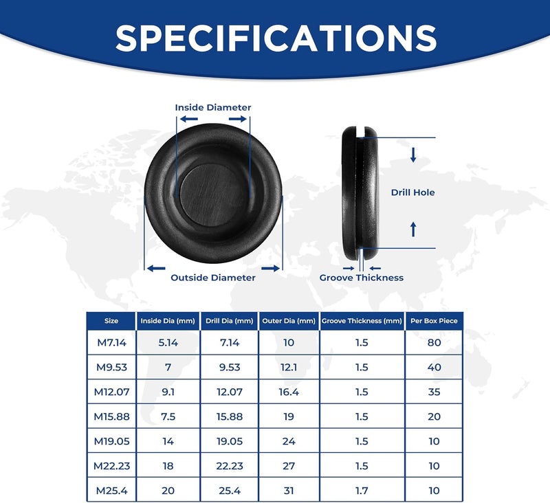 AAM ESSENTIALS Rubber Grommets for Wiring-205pcs Assorted Firewall Hole Plugs in 7 Sizes M25.4, M22.23, M19.05, M15.88, M12.07, M7.14, M9.53-Waterproof Rubber Grommet Kit Wire Grommet Perfect for Sealing Auto Panel - Image 4
